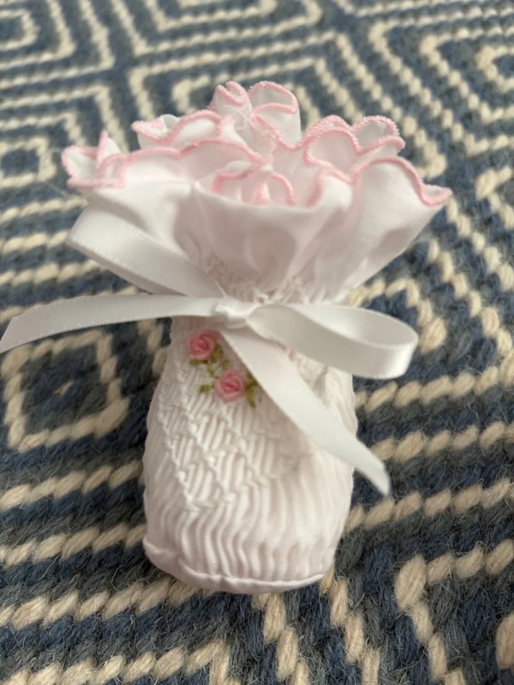 Sarah Louise White Baby Booties with Pink Trim and Rose Embroidery | size 0-6 m